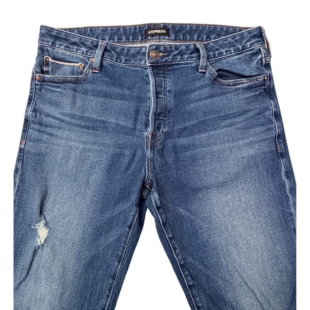 EXPRESS Slim Straight Men Jeans Dark Wash Distressed Button Fly 36x32